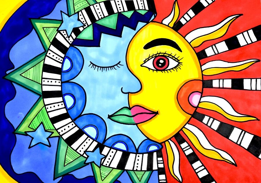 儿童画教程|冷暖色画拥抱的太阳和月亮 教学重难点 1.