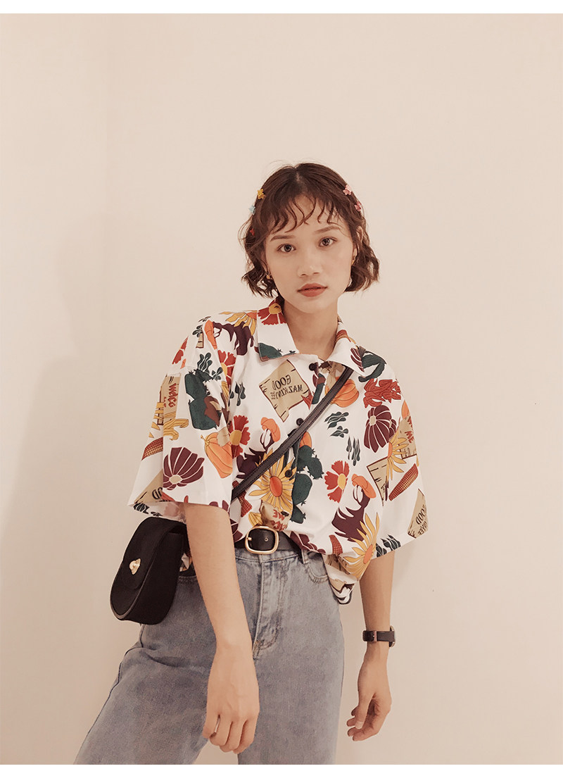 bubu自制复古港风趣味花朵印花衬衫2022夏宽松oversize短袖衬衣女