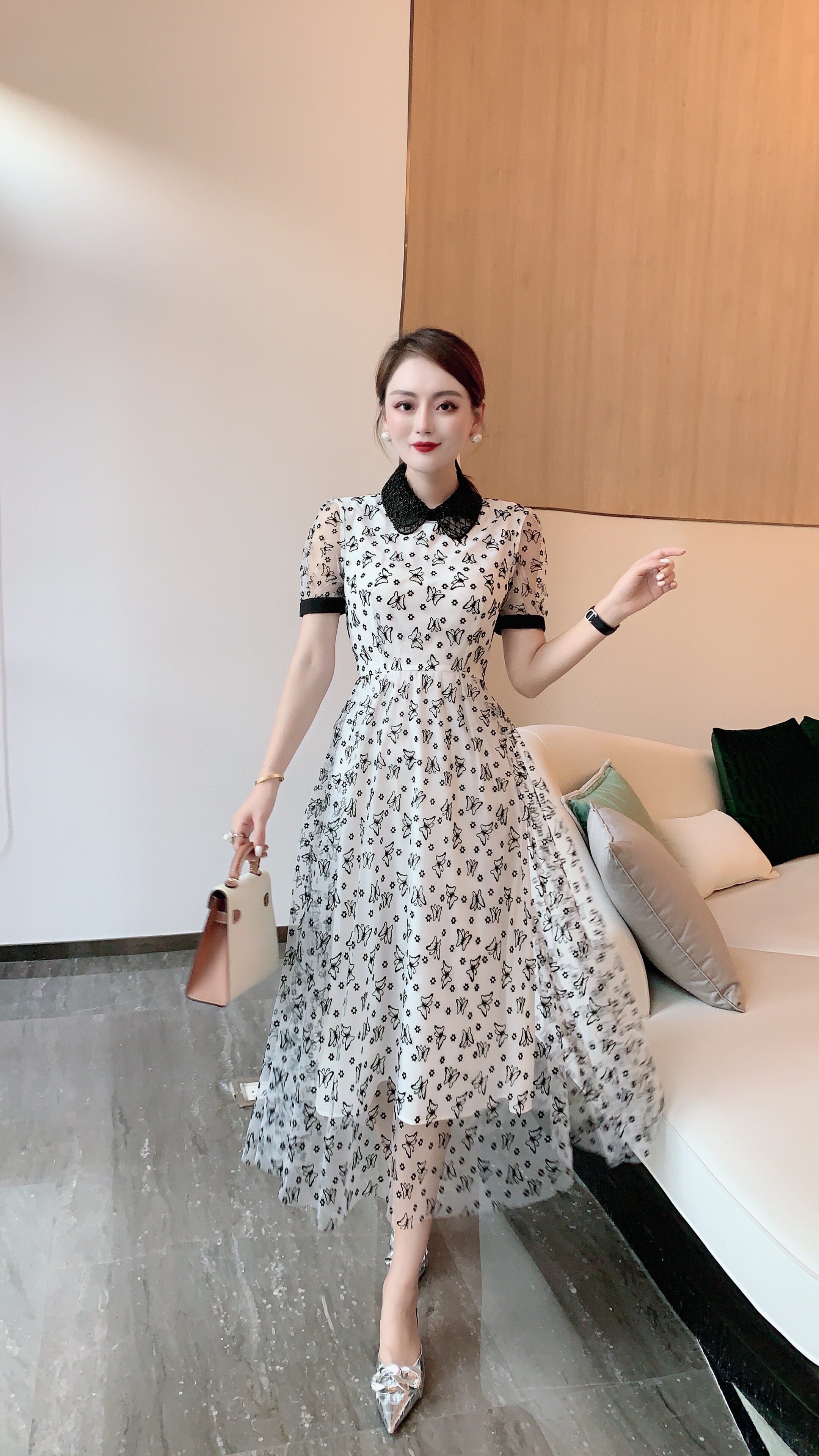 2021夏季新款女中长裙减龄优雅修身显瘦翻领连衣裙