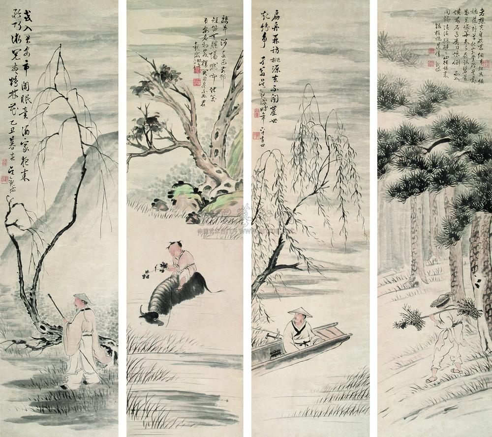 14611925年作渔樵耕读立轴设色纸本