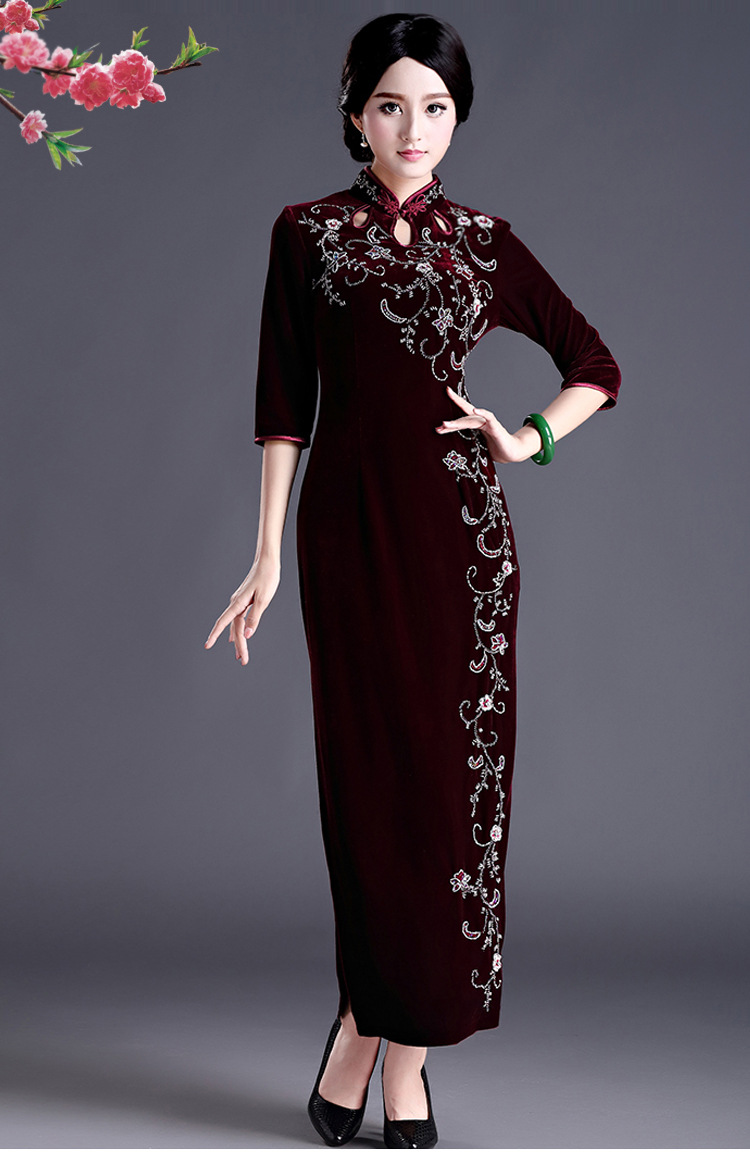 秋冬季妈妈装金丝绒长款旗袍 高档时尚复古结婚宴会旗袍礼服批发
