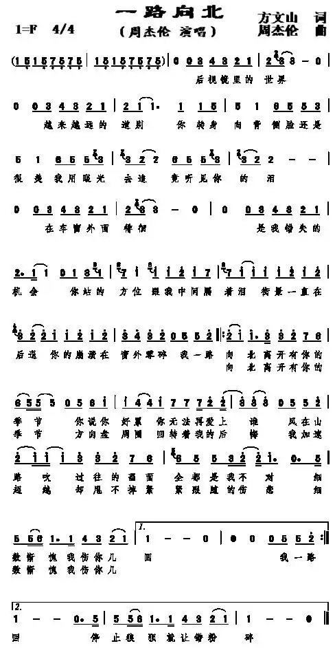 【歌曲简谱】 一路向北 (周杰伦)