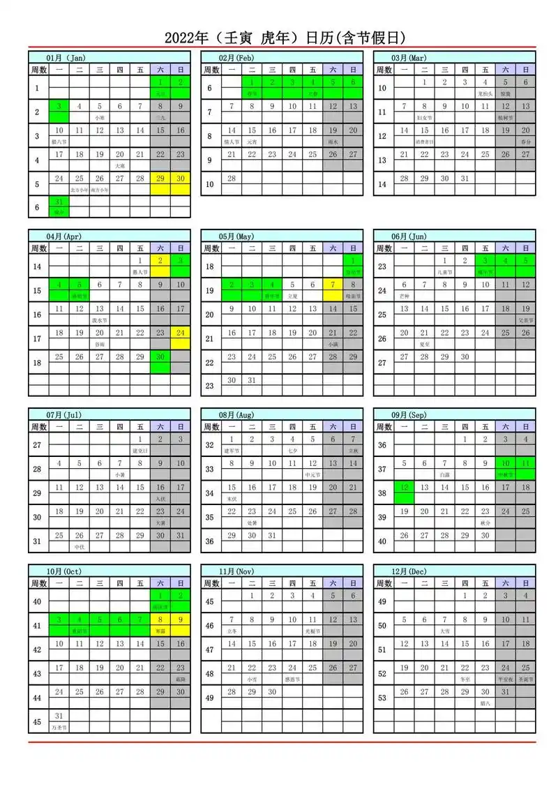 2022年日历表(单张a4彩色打印版)