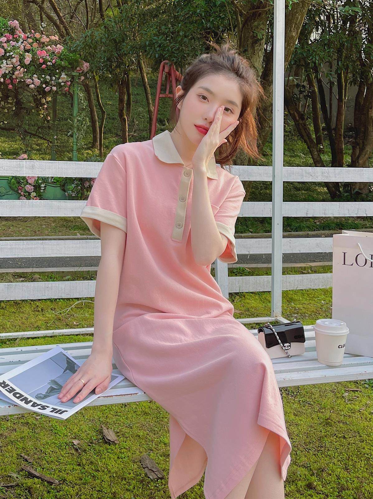 粉色polo连衣裙女夏2022新款小个子甜美奶甜茶歇法式可甜可盐裙子