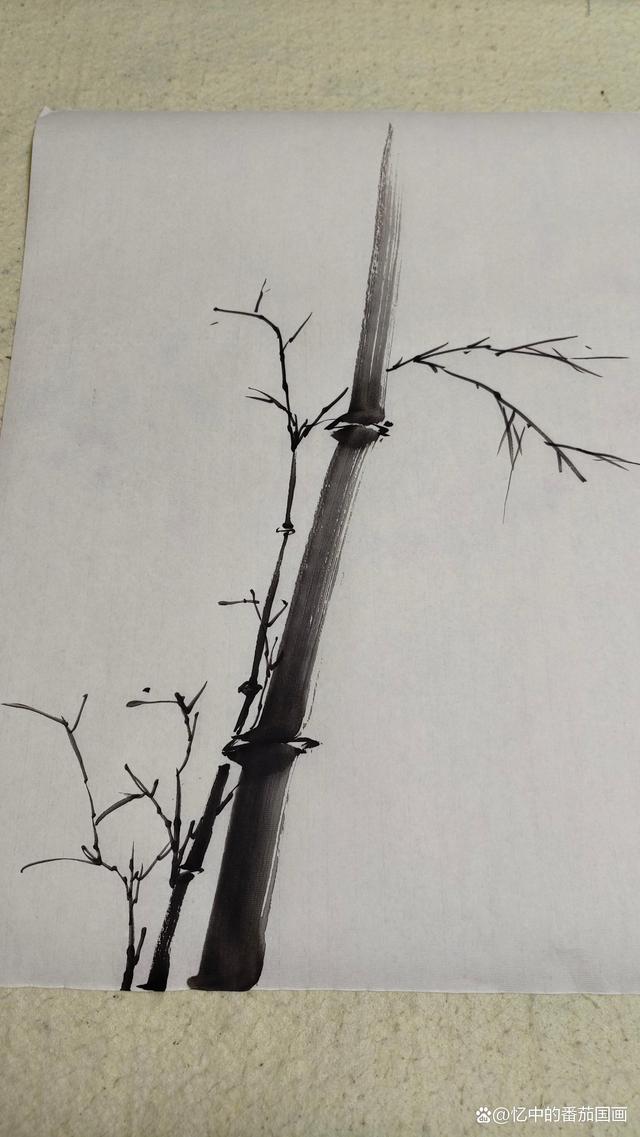 中侧锋运笔由下至上的画法突出竹子的质感表现,毛笔要半干,竹节起笔要