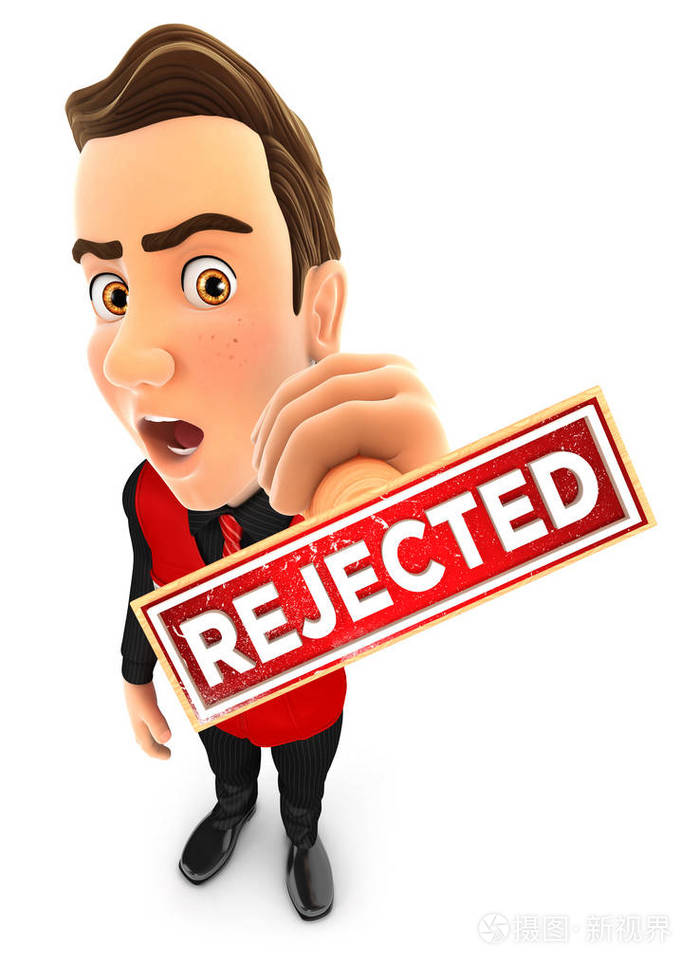 3d 卖方拒绝盖章, 插图与孤立的白色背景