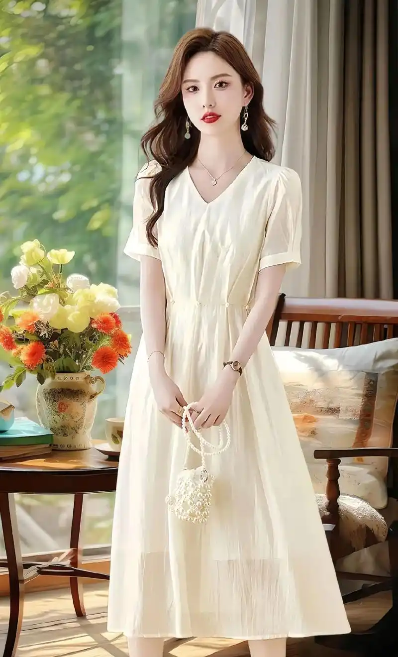 夏日的小清新,优雅修身钉珠连衣裙好美