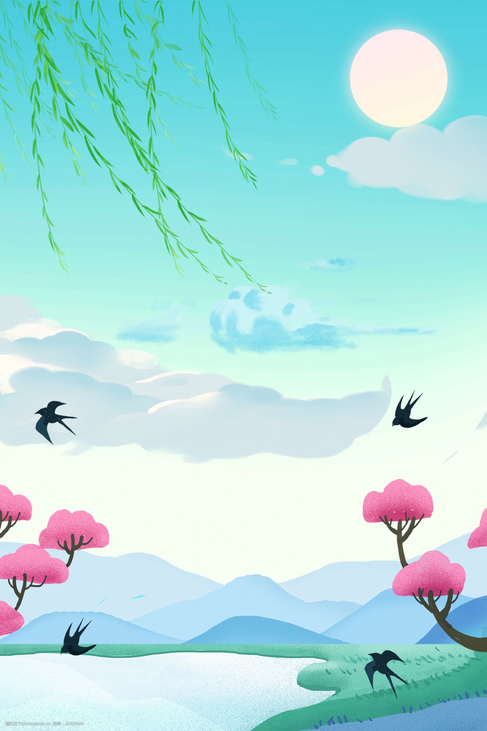 关键词:手绘山水春日惊蛰节气背景 手绘 卡通 扁平 绿色 惊蛰 春天
