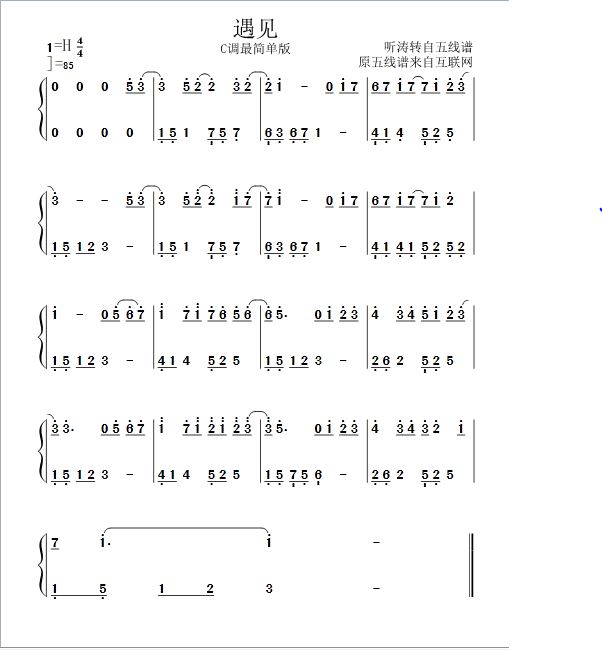 歌曲《遇见》的数字钢琴谱