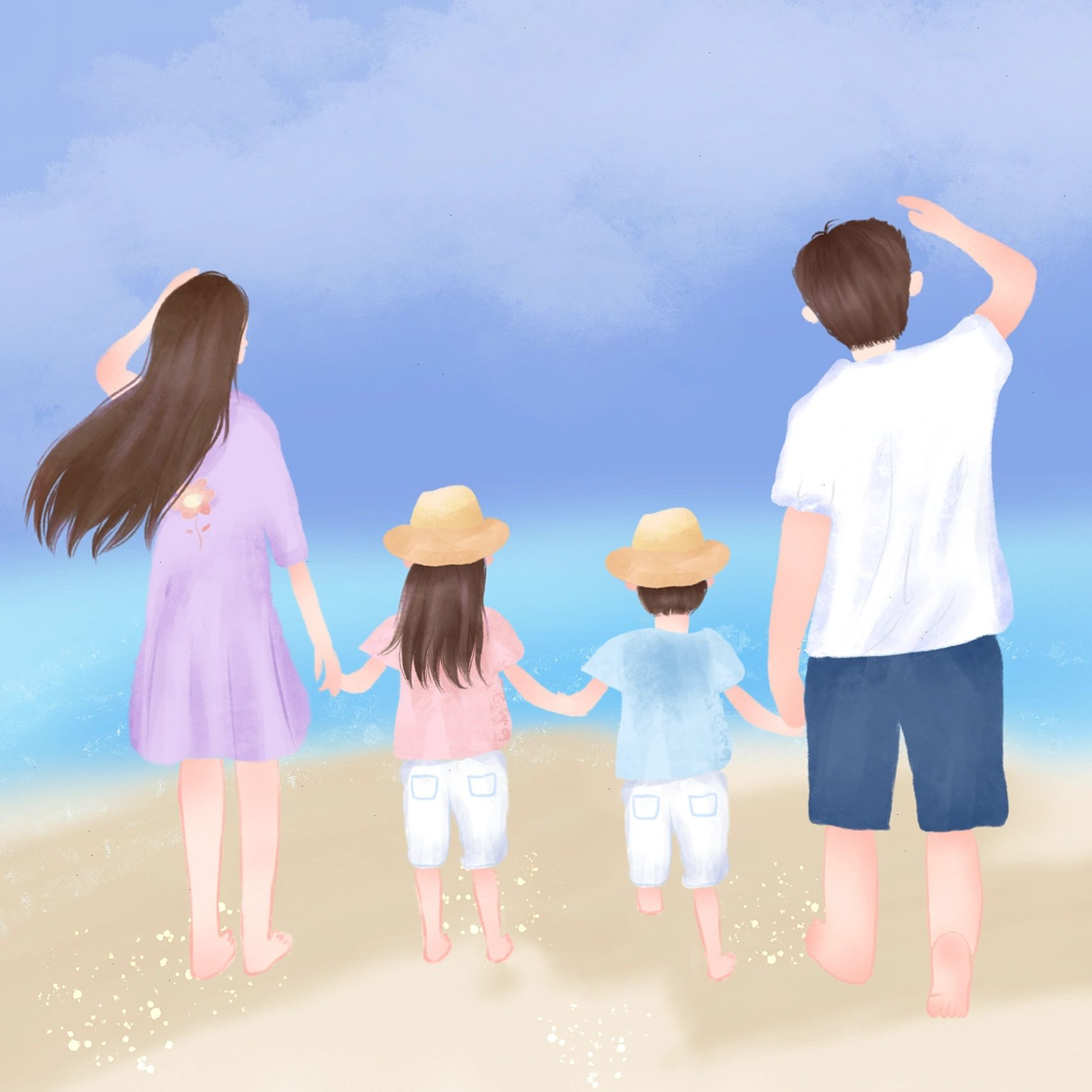 亲子手绘一家四口|一家三口|背影头像全家福 78但愿家人一生平安