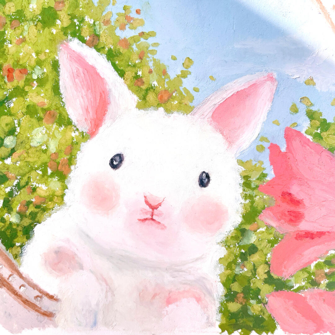 油画棒花园里的兔子