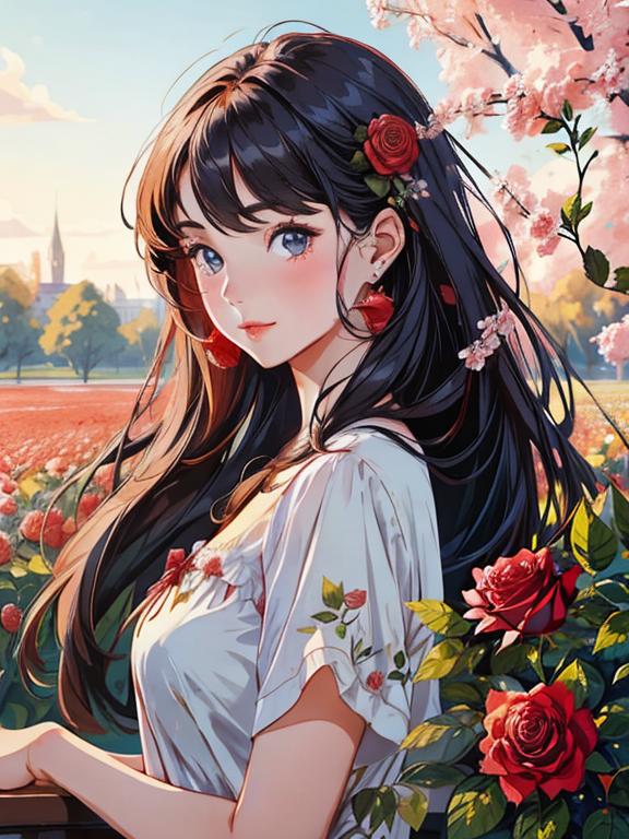 玫瑰花田里的青春少女