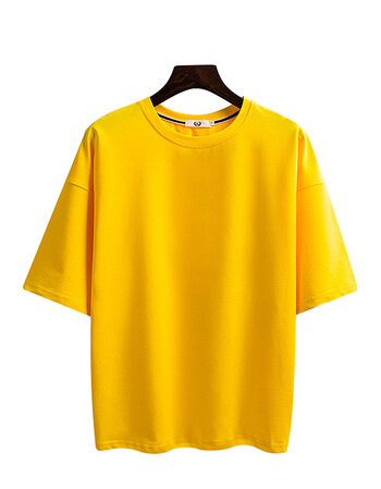 男士短袖t恤打底衫上衣服夏季圆领半袖纯白色五分袖宽松七分中袖 黄色