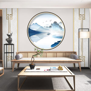 新中式轻奢山水墙纸仿护墙板电视背景墙墙布客厅茶室店铺壁画壁纸
