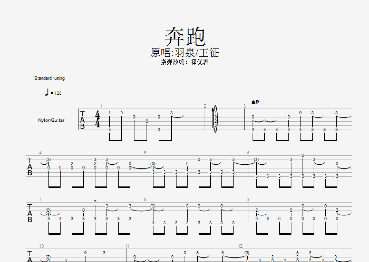 羽泉黄征奔跑吉他谱g调吉他独奏谱六线谱