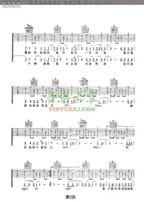 王力宏《爱你等于爱自己》吉他谱_吉他谱_简谱_尤克里里_吉他谱下载