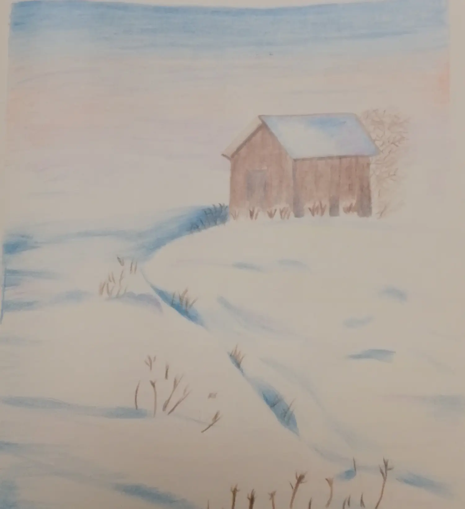 雪中小屋(彩铅画201810)