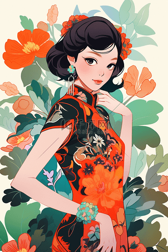 中式国潮手绘女生旗袍插画15