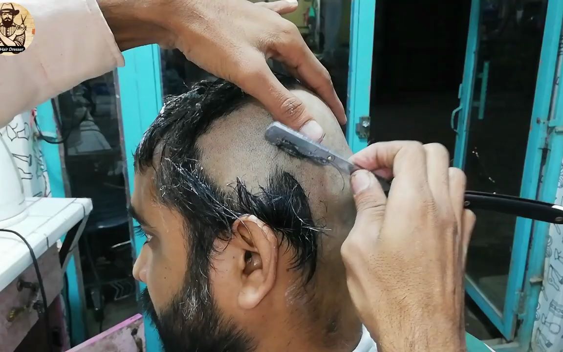 印度理发店直剃刀剃光头