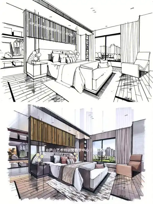 两点透视卧室手绘效果图,线稿77马克笔上色96(作品出自庐山艺术特
