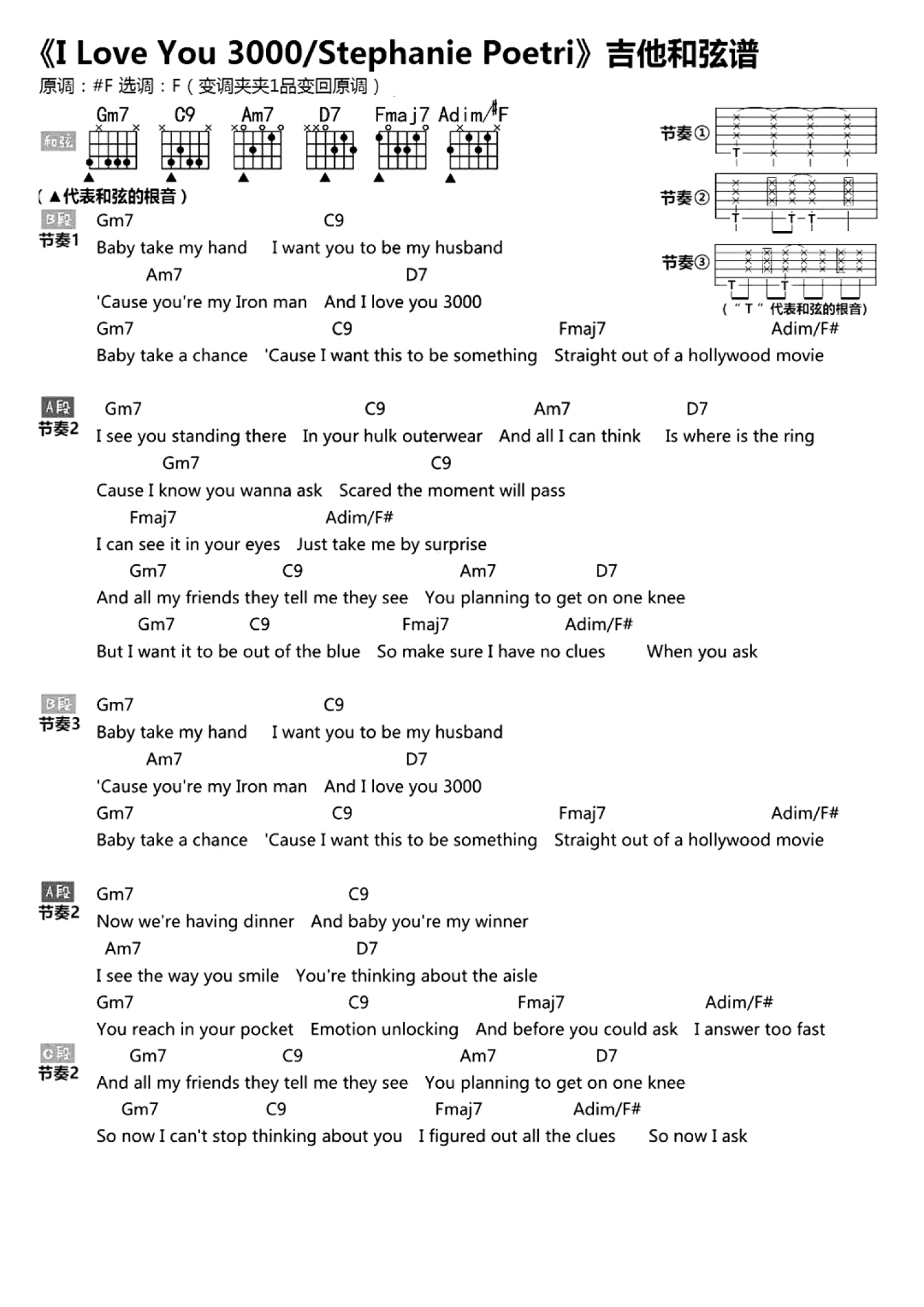 iloveyou吉他谱f调吉他弹唱谱和弦谱