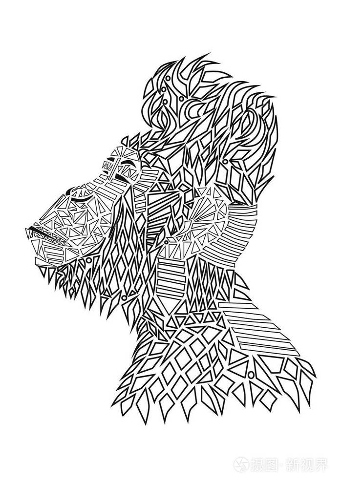 在难看的背景上的猴子的图案头.火的颜色.非洲印第安人图腾纹身设计.