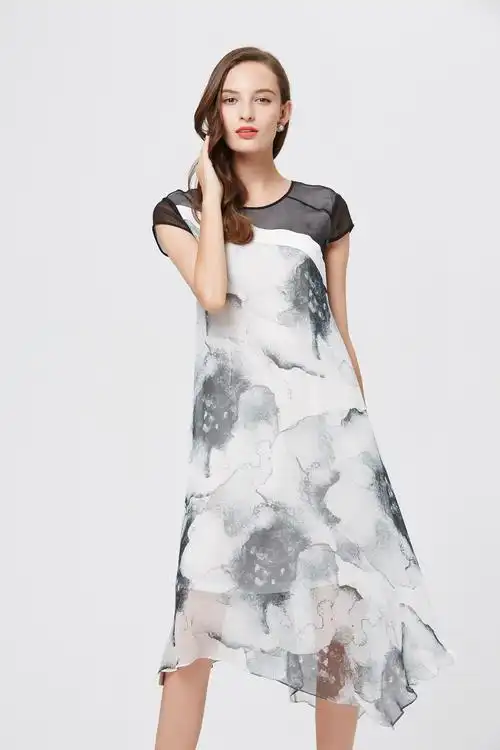 妃帛熙2016春夏欧美风修身收腰显瘦不规则大摆真丝印花短袖长款连衣裙