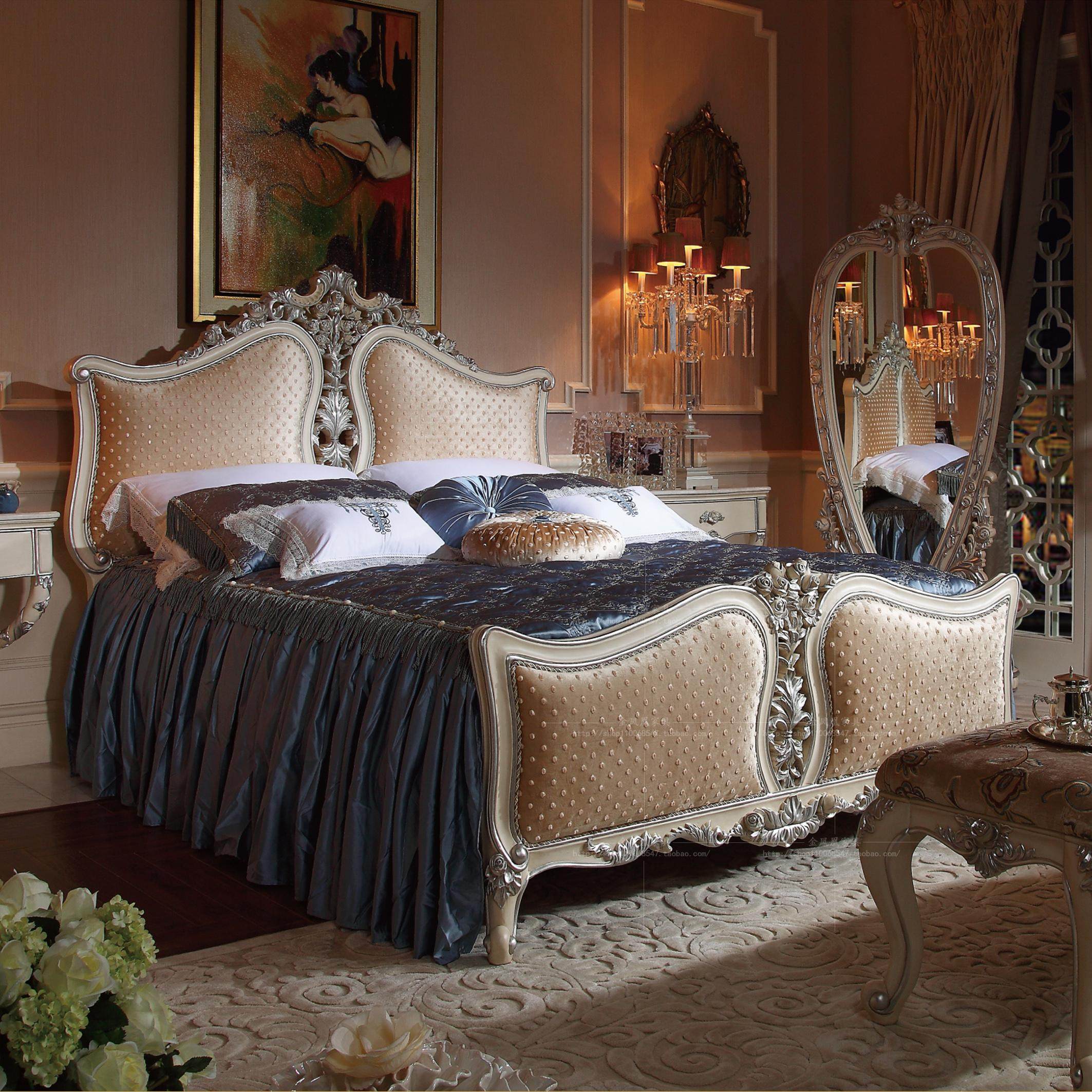 别墅卧室家具欧式床双人床实木雕花公主床1.8米婚床奢华布艺床