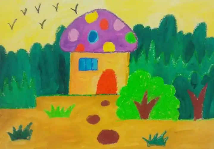 森林里的蘑菇房子卡通蜡笔画图片