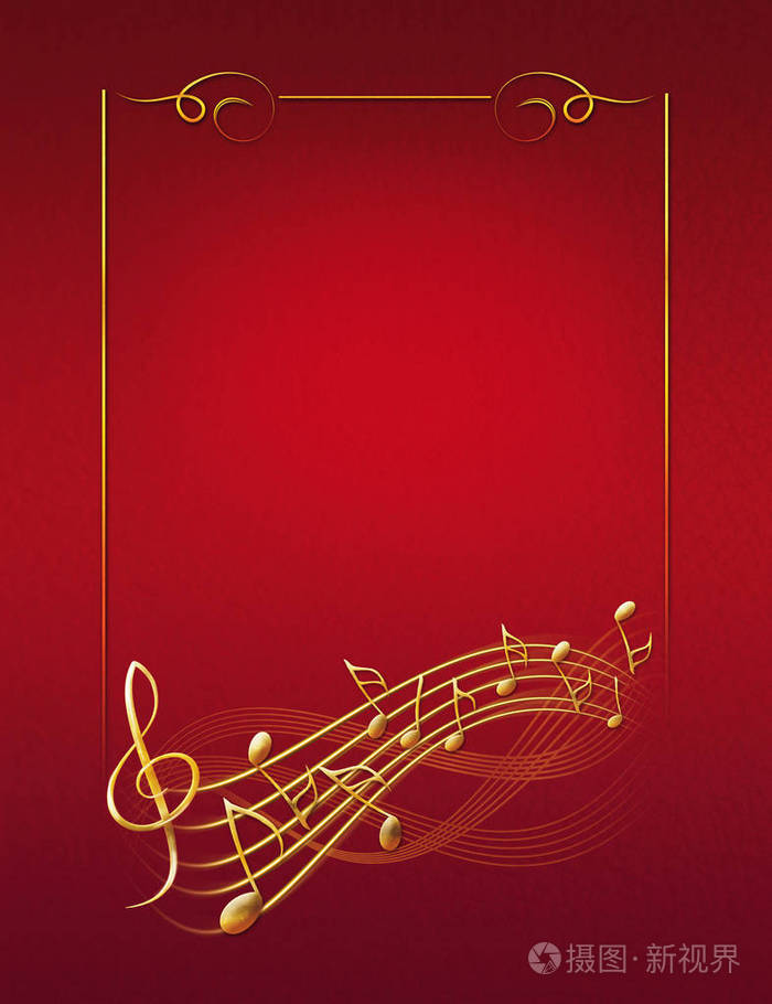 红色的背景音乐,用金色的框架笔记和高音谱号