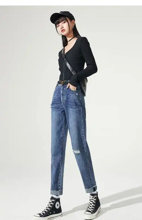 teze品牌女装牛仔裤女直筒宽松2021春新款女士高腰显瘦破洞烟管老爹裤