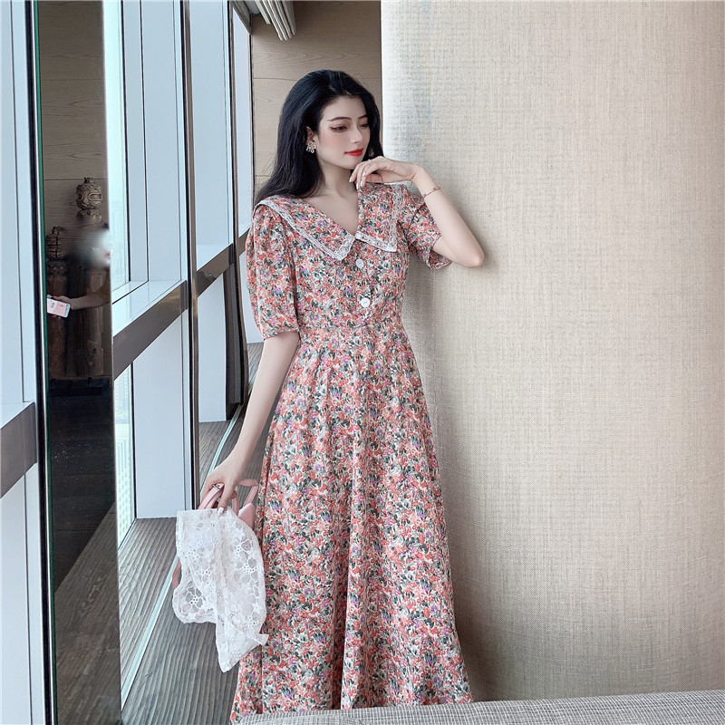 原版做工大码女装中长款碎花连衣裙女夏装胖mm短袖v领过膝裙 - 17网