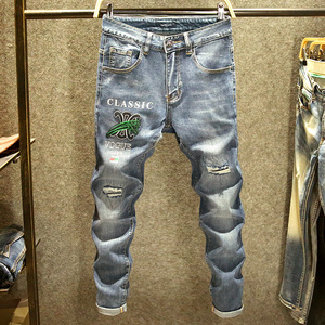 潮牌破洞补丁牛仔裤男修身弹力小脚裤高街刺绣老虎图案显瘦男裤子