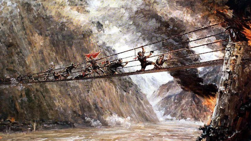 红军飞夺泸定桥】1935年5月上旬,长征途中的中央红军巧渡金沙江后继续