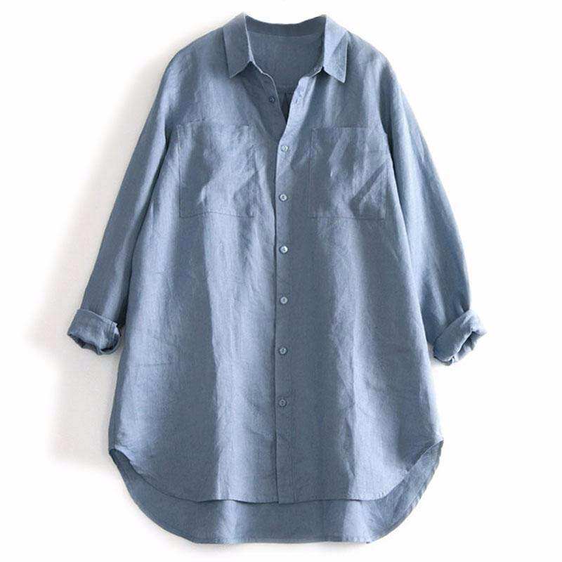 无印良品muji日本日系外贸出口女装亚麻中长款衬衫棉麻长袖衬衣秋-mc