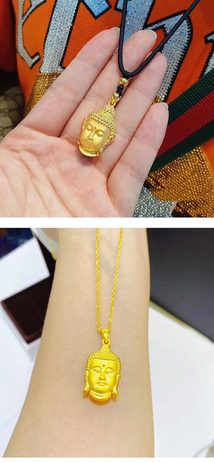 庆怡珠宝999足金佛头黄金吊坠女金大日如来佛像金坠子绳子编绳项链