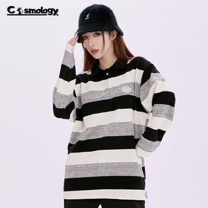 cosmos地球分店 polo领复古条纹长袖男女宽松情侣装卫衣减龄上衣