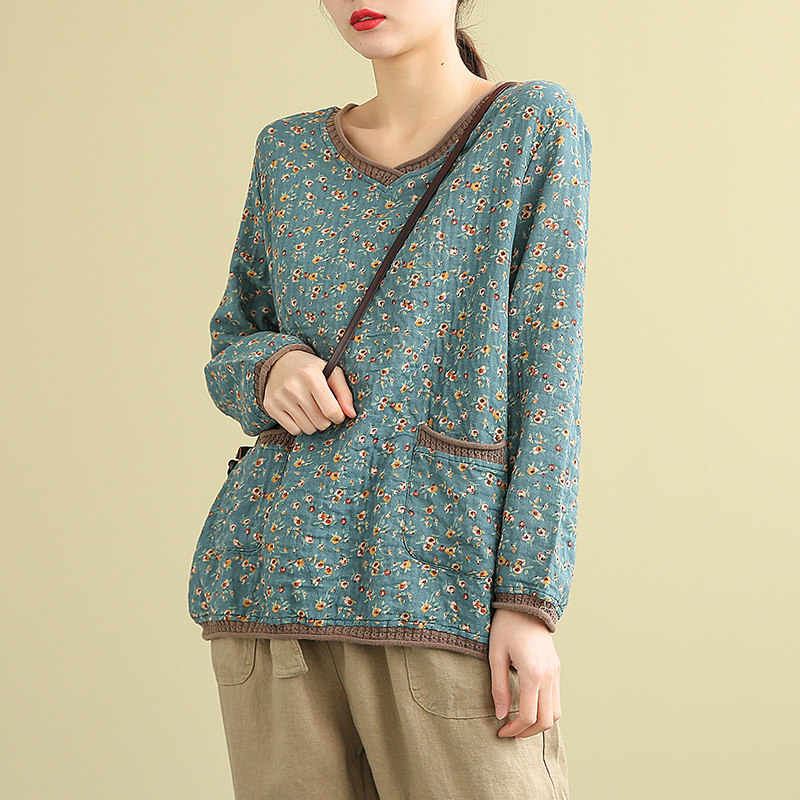 dza复古 v领碎花小衫女士宽松打底棉麻上衣2021新款秋季长袖t恤