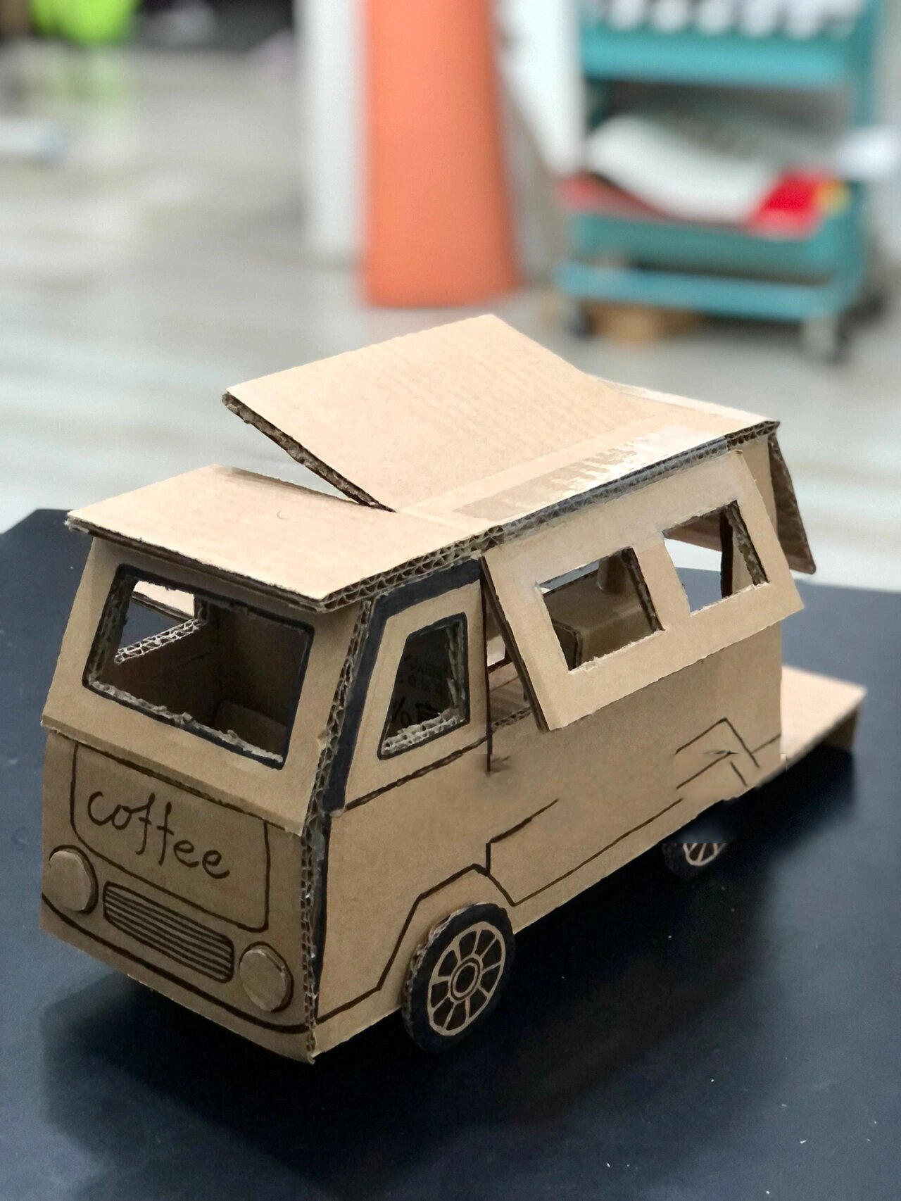 手工diy废纸箱制作咖啡车(未完待续) 不得不说,上次孩子的科学作业