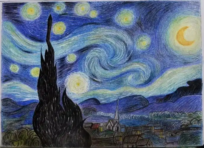 彩铅临摹梵高星空78