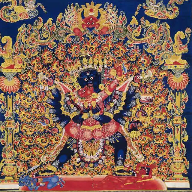 缂丝唐卡《胜乐金刚》,采用"通经断纬"的技法,做工精细,造型生动