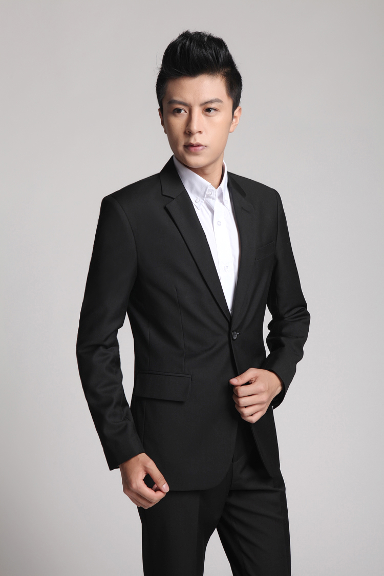 新款男韩版两扣西服套装男士西装修身双开叉新郎黑色男正装礼服(上衣