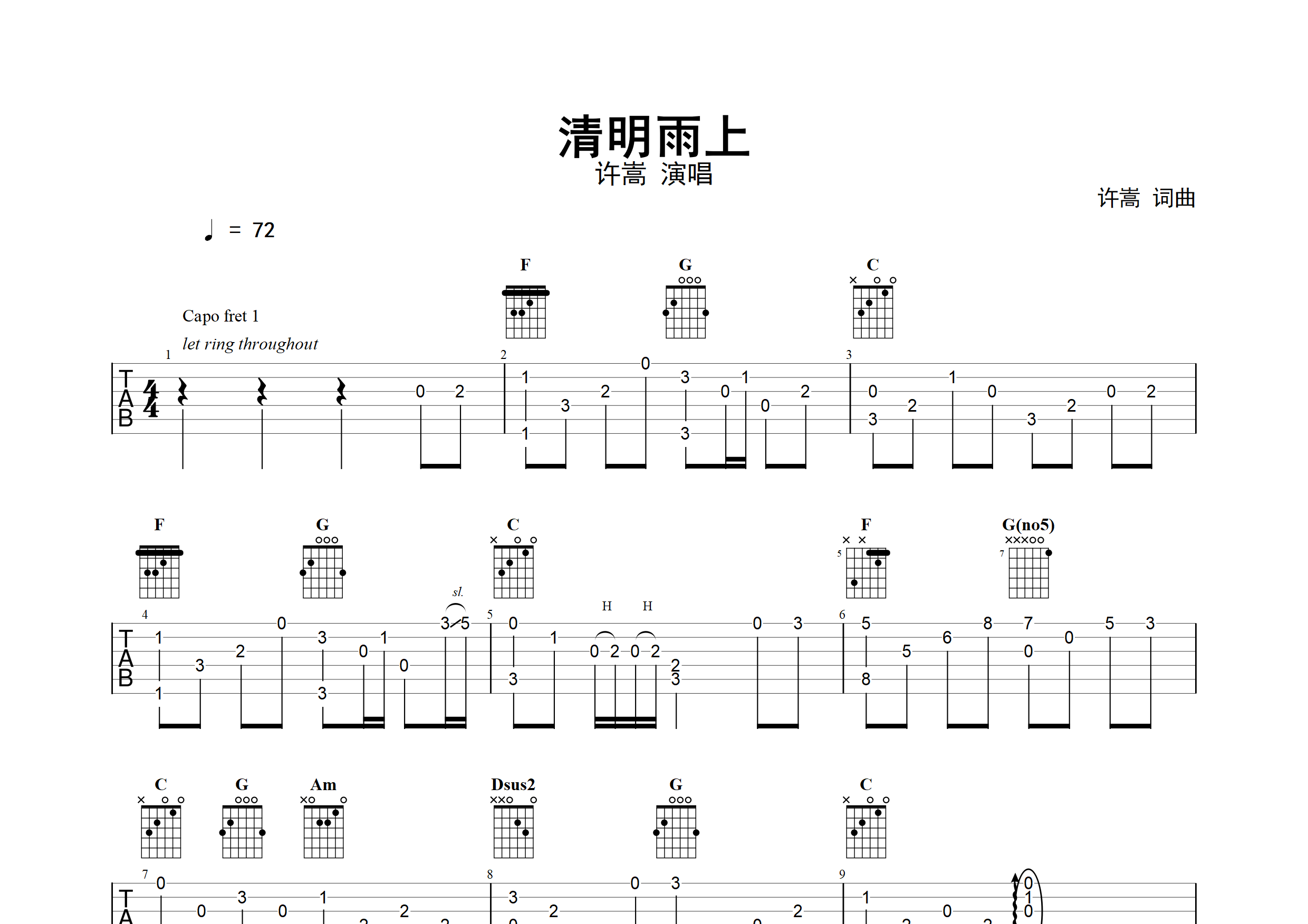 清明雨上吉他谱(图片谱,指弹,独奏,改编版)_许嵩(vae)