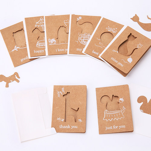 创意可爱牛皮纸动物贺卡手绘镂空小卡片明信片祝福复古送闺蜜同学_7折
