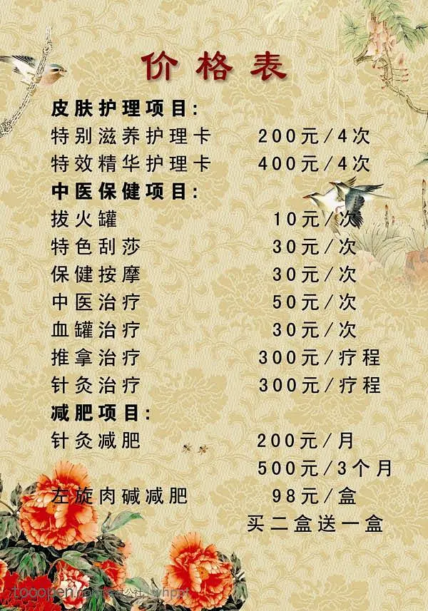 中医馆服务价格表图片