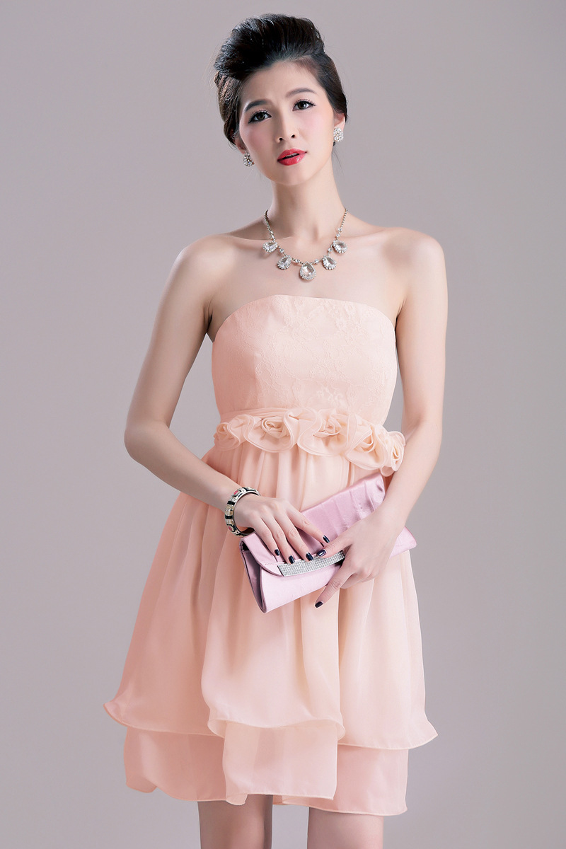 代理批发三穿式伴娘小礼服抹胸雪纺女大码女装胖mm 新增粉色2385