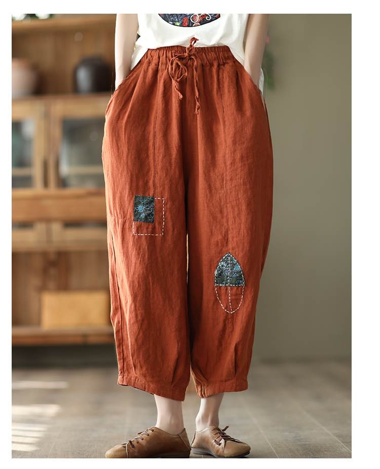 外贸法国单夏季复古贴布棉麻裤大码女裤休闲萝卜裤胖mm亚麻哈伦