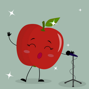 卡通话筒可爱的红色苹果笑脸在卡通风格唱歌入话筒照片