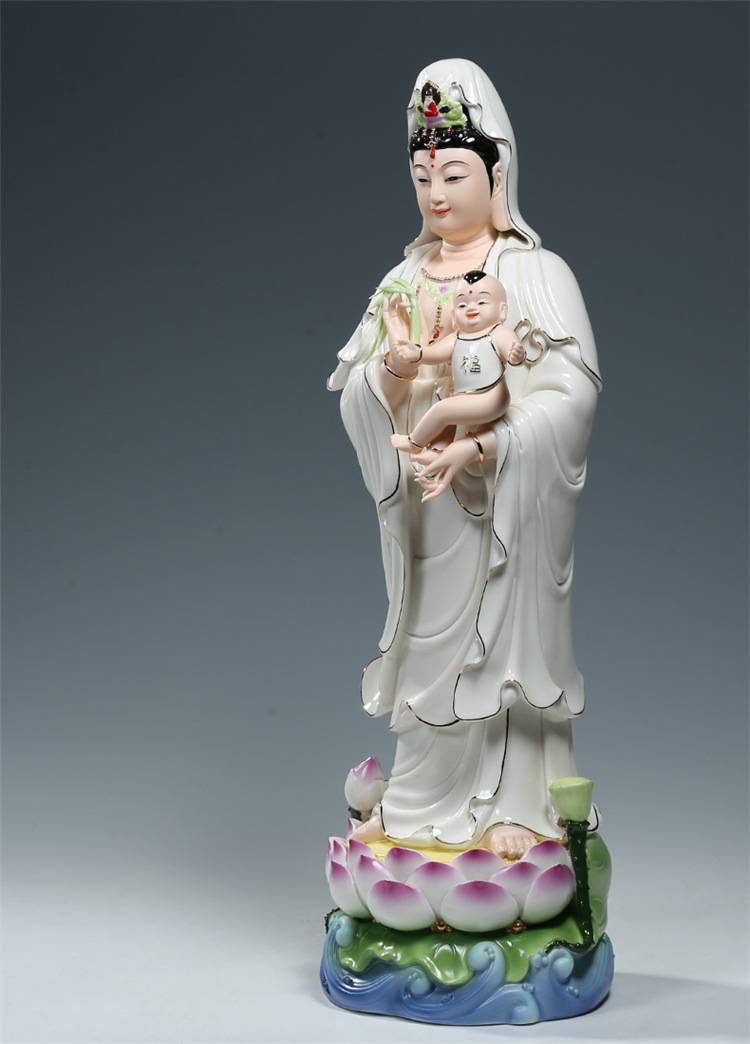 微美彩绘陶瓷21吋立莲送子观音佛像摆件家用供奉求子观世音菩萨