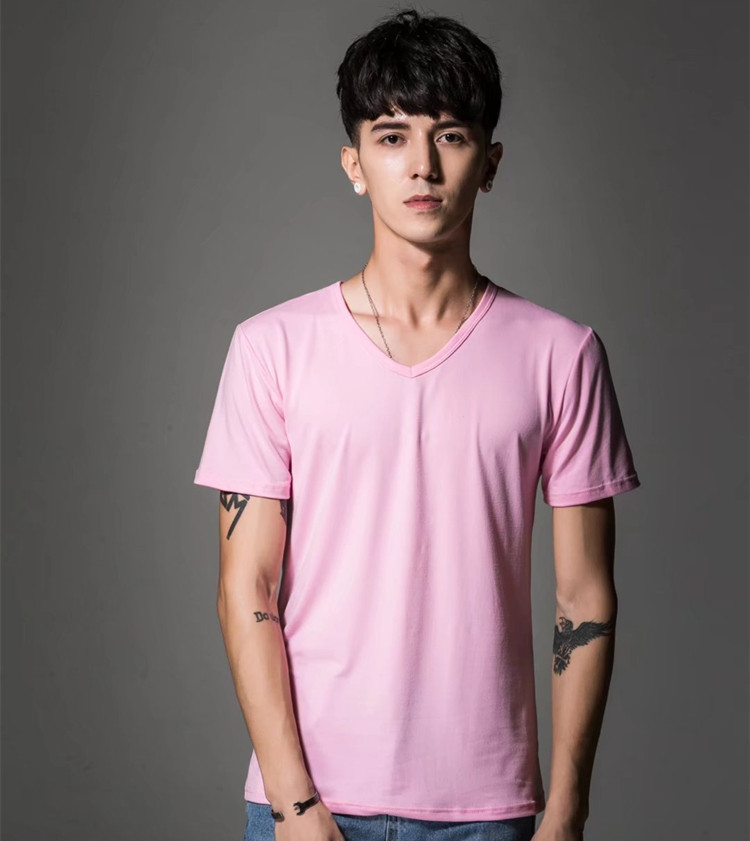 夏季男v领粉色短袖t恤宽松纯色大码t桖打底衫学生工衣diy定制批发